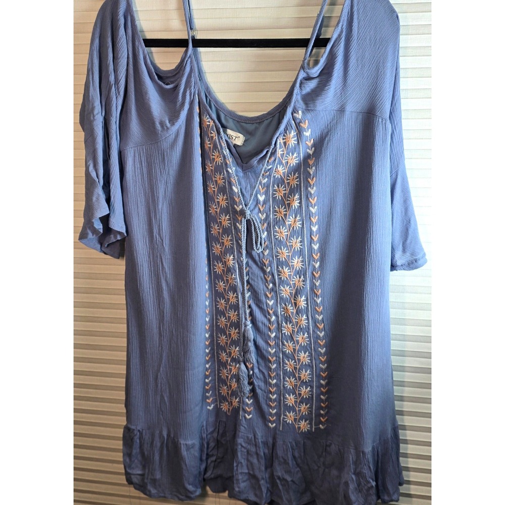 Exist Cold Shoulder Embroidered Top Size Large Blue Boho Peasant Blouse